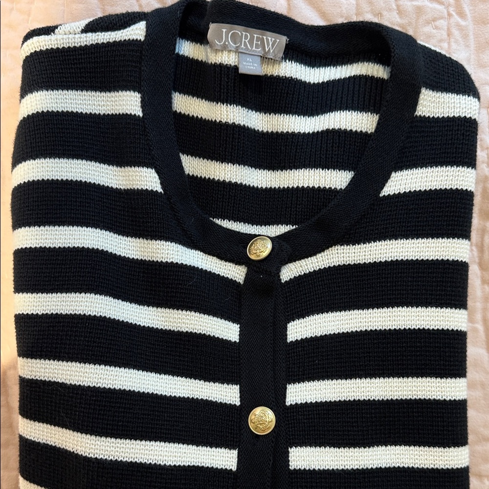 J. Crew Thick Cotton Black & White Striped Cardigan Gold buttons XL - Picture 8 of 8